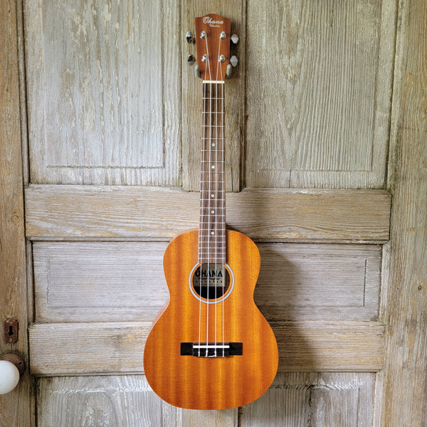Ohana Tenor Starter Pack TK-10 Blem Laminate Mahogany Ukulele Bag, Tuner, Strap, Button v023