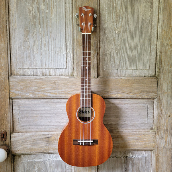Ohana Tenor Starter Pack TK-10 Laminate Mahogany Ukulele Bag, Tuner, Strap, Button v029