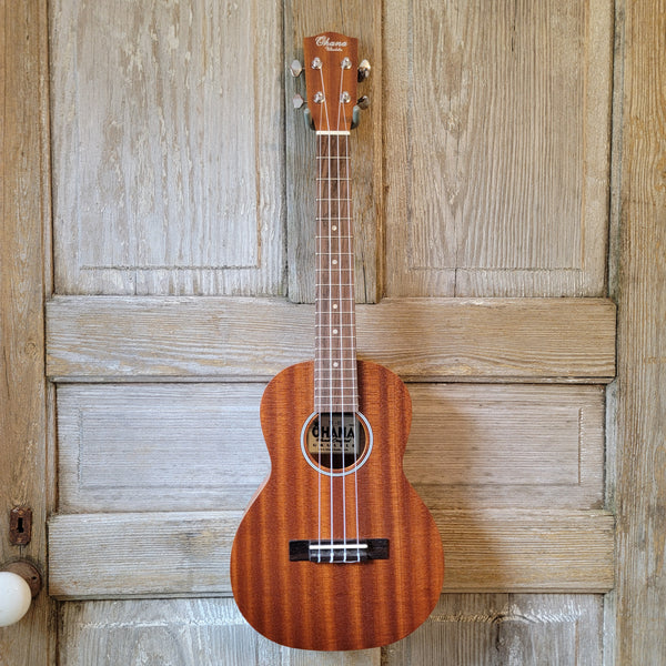 Ohana Tenor Starter Pack TK-10 Laminate Mahogany Ukulele Bag, Tuner, Strap, Button v122