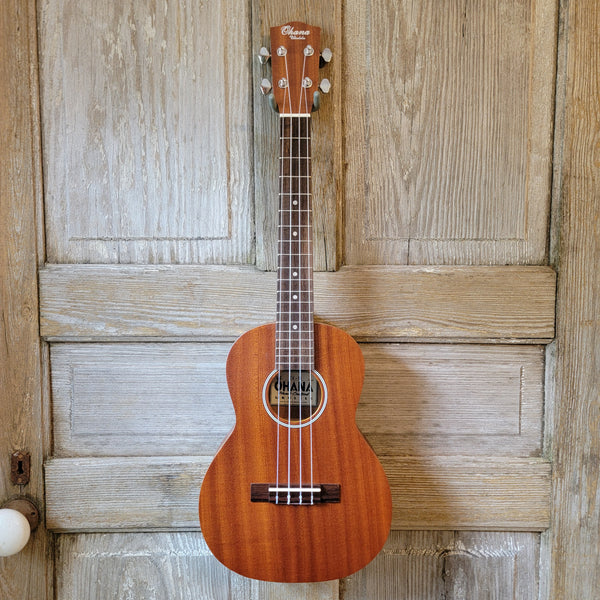 Ohana Tenor Starter Pack TK-10 Laminate Mahogany Ukulele Bag, Tuner, Strap, Button v125