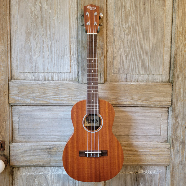 Ohana Tenor Starter Pack TK-10 Laminate Mahogany Ukulele Bag, Tuner, Strap, Button v128