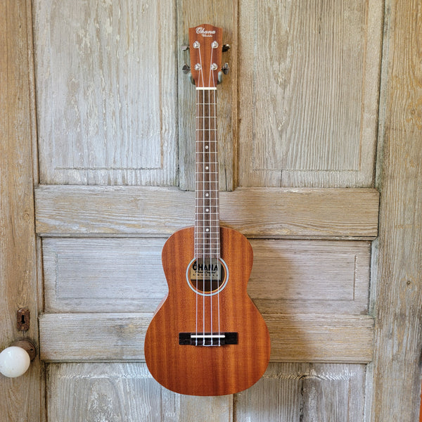 Ohana Tenor Starter Pack TK-10 Laminate Mahogany Ukulele Bag, Tuner, Strap, Button v130