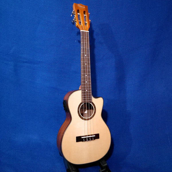 Ohana Tenor TK-250GCE All Solid Spruce / Acacia A/E Cutaway  Headstock Ukulele s497